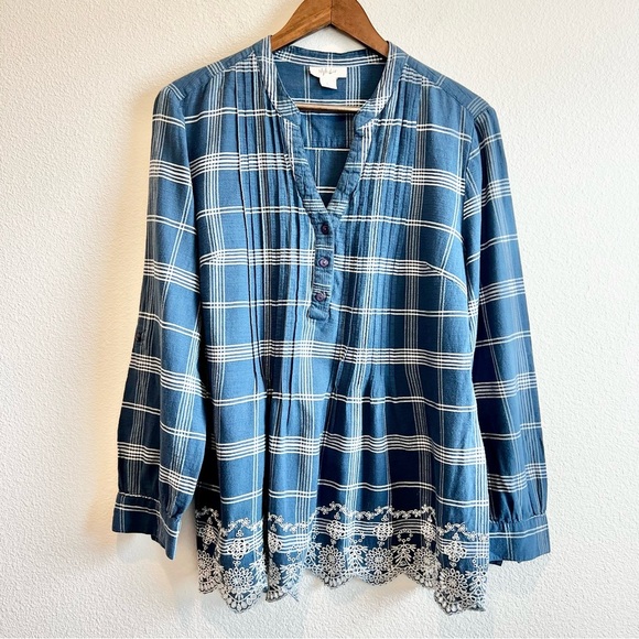Style & Co Shirt Blue Plaid Long Sleeve Eyelet Embroidered Cotton Blouse Large - Picture 1 of 8